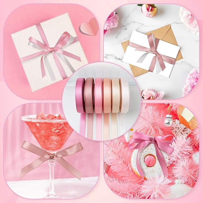 Pink Satin Ribbon 3/8 Inch Light Pink Blush Pink Dusty Rose Ribbon Assorted Solid Color Thin Double Faced Satin Ribbon for Flower Bouquet Wedding Invitation Crafts Gift Wrapping Hair Bows