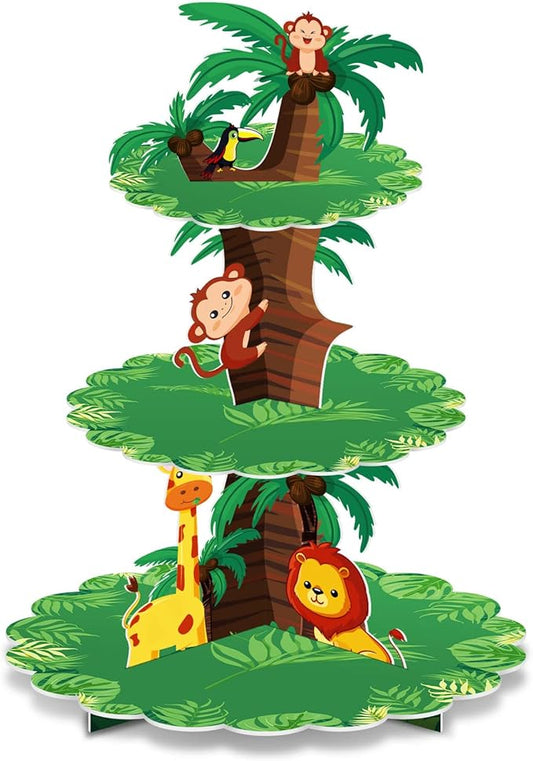 Safari Birthday Decorations 3 Tier Jungle Baby Shower Cupcake Stand Wild One Birthday Table Decor for Boys Lion Party Safari Zoo Party Favor Supplies