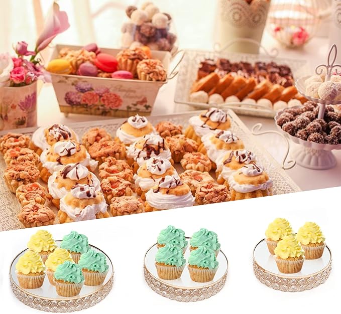3 PCS Cake Stand Set Gold Crystal Dessert Table Plate Set,Metal Cupcake Tray Candy Fruit Display Tower for Wedding Afternoon Tea Birthday Party Baby Shower Anniversary