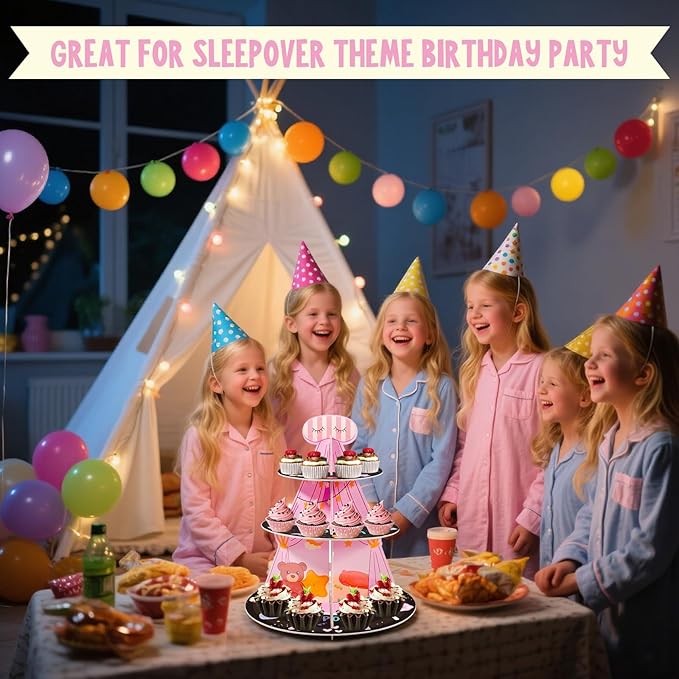 3-Tier Cake Stand for Girls Birthday Party Decorations - Pink and Black Orbicular Cardboard Dessert Stand for Sleepover Party Supplies,Slumber Decorations,Sleep Over Tents for Girls