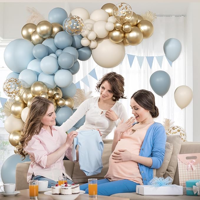 147pcs Dusty Blue Balloon Garland Arch Kit, Light Baby Blue Sand White Metallic Gold Confetti for Birthday Wedding Bridal Shower Boho Baby Shower Party Decorations