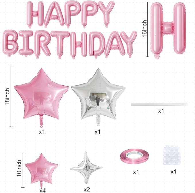 Happy Birthday Balloon Banner, 16 Inch Light Pink Mylar Foil Letter Balloons, Reusable Birthday Decorations with Pastel Pink and Silver Star Balloon, Inflatable Party Supplies for Women Girls Decor