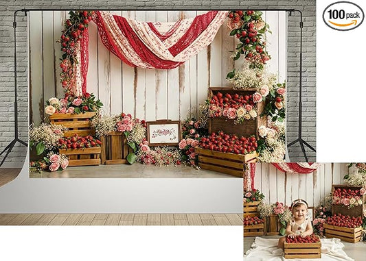 Kate 7x5ft Vintage Strawberry Garden Photography Backdrops Red Berries Pink Flowers Rustic White Wood Farmhouse Background Baby Shower Birthday Party Backdrop Video