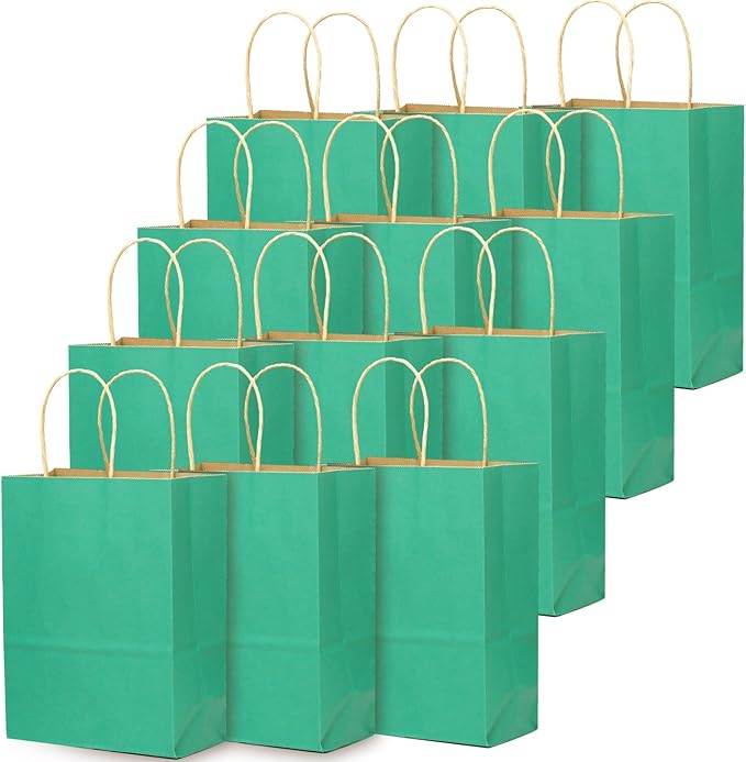 qiqee 100-Packs Mint Green Paper Gift Bags with Handles Bulk 8.26"×6"×3.15" Small Size Gift Bags Multiple Uses