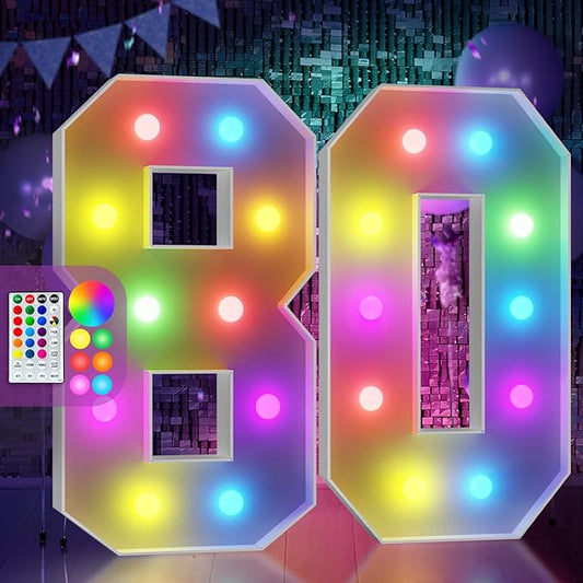 Marquee Numbers Colorful 80th Birthday Decoration: 4FT Large Light Up 80 Year Old Birthday Decorations Anniversary Backdrop Cardboard Sign 18 Colors Number 80 Mosaic Balloon Frame