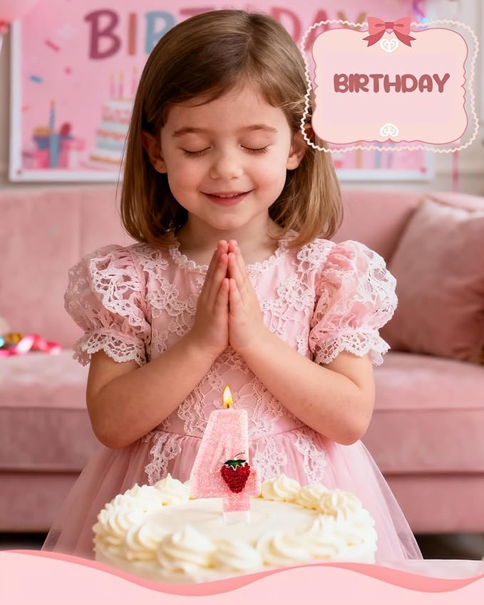 Birthday Candles for Cake, Pink Number Candles, Cake Candles with Greeting Card for Birthday Party Wedding Anniversary Celebrations (Strawberry 4 Candle)