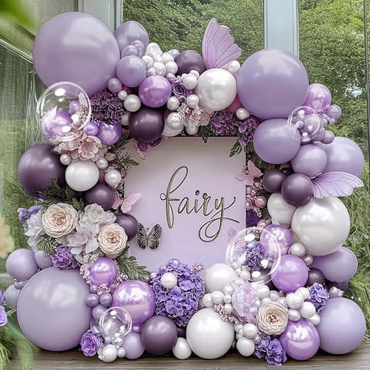Purple White Balloon Garland Double Stuffed Light White Lilac Balloons Pearl Balloon Arch Kit For Lavender Fairy Birthday Baby Shower Wedding Wild Flower Bridal Shower Party Decor