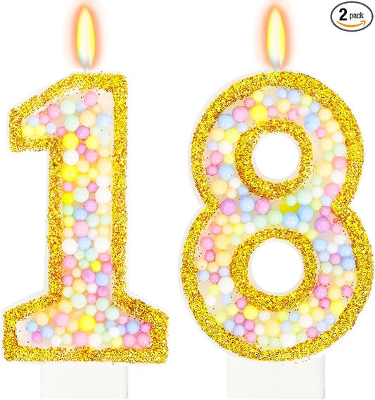 18th Birthday Candle for Cake, Colorful Macaron Numeral Candles for Boys/Girls, Birthday Party Cake Decorations, Golden Cake Topper for Birthday Party Supplies (Number 18)