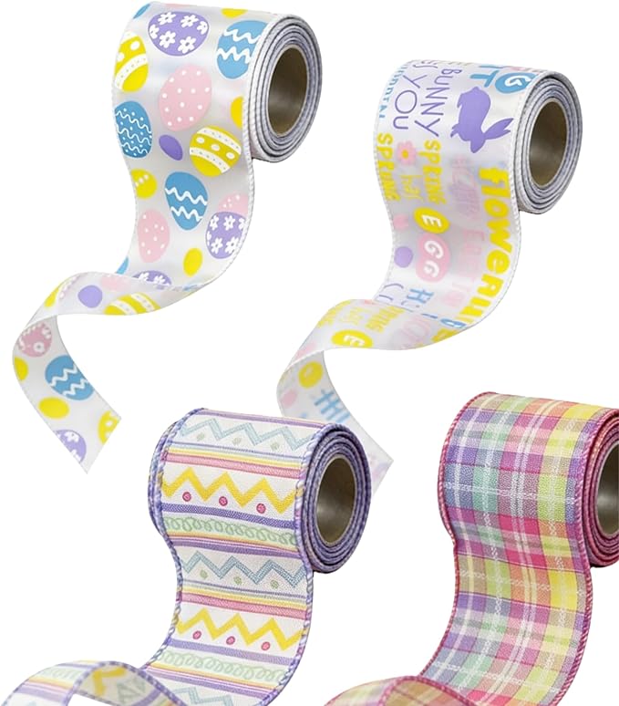 Meseey 4 Rolls Easter Wired Ribbon, 2.5 Inch x 5 Yards Pastel Easter Egg, Bunny, Chevron & Plaid Wired Edge Ribbons for Wreaths, Gift Wrapping, Easter Baskets, Crafts, Spring Party Decorations