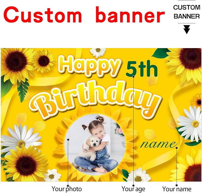 Custom Sunflower Happy Birthday Party Decorations Supplies Personalized Sunflower Birthday Backdrop Banner(4x6ft)