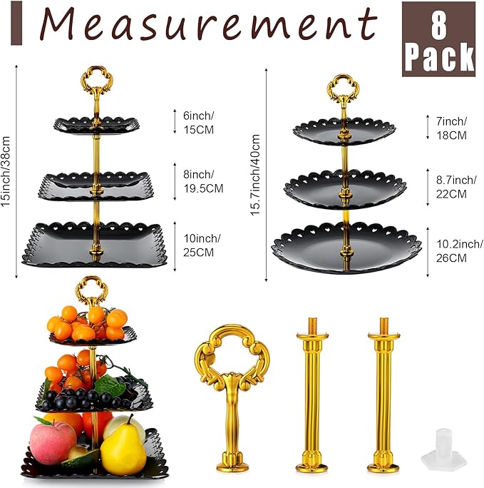 8 Pieces 3 Tier Plastic Cupcake Black Pastry Stand Cake Fruit Candy Dessert Table Display Set Tiered Serving Tray Round and Square Cup Cake Tier Stand for Wedding Birthday Tea Party Decoration