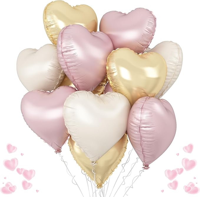 Dusty Pink Cream Heart Balloons, 12Pcs 18 Inch Retro Blush Pink Nude Apricot Beige Pastel Gold Neutral Heart Shape Foil Balloon for Birthday Wedding Baby Bridal Shower Valentines Party Decorations
