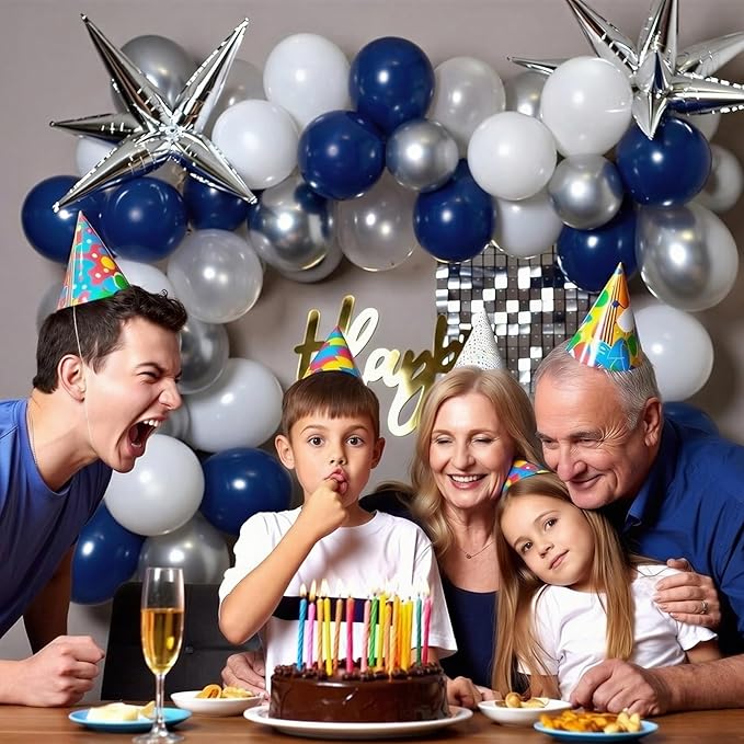 RUBFAC Blue and Silver Balloon Arch Kit, Navy Blue Silver White Graduation Balloons, 140pcs Confetti Star Latex Balloons for Birthday Wedding New Year Party Decorations