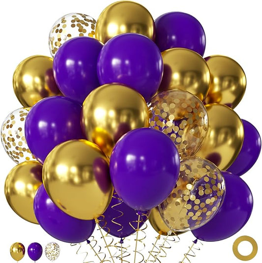 Purple and Gold Balloons, 60Pcs 12Inch Purple Gold Balloons with Gold Confetti Balloons for Wedding Graduation Birthday Party Baby Shower Decorations