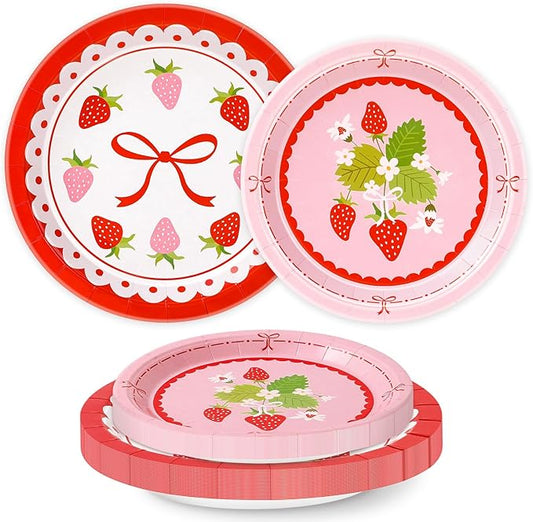 FYSUIMU 50 Pcs Strawberry Paper Plates Bow Strawberry Floral Disposable Plates 7 & 9 Inch Red Pink Cute Decorative Dessert Plate for Wedding Birthday Baby Shower Party Supplies