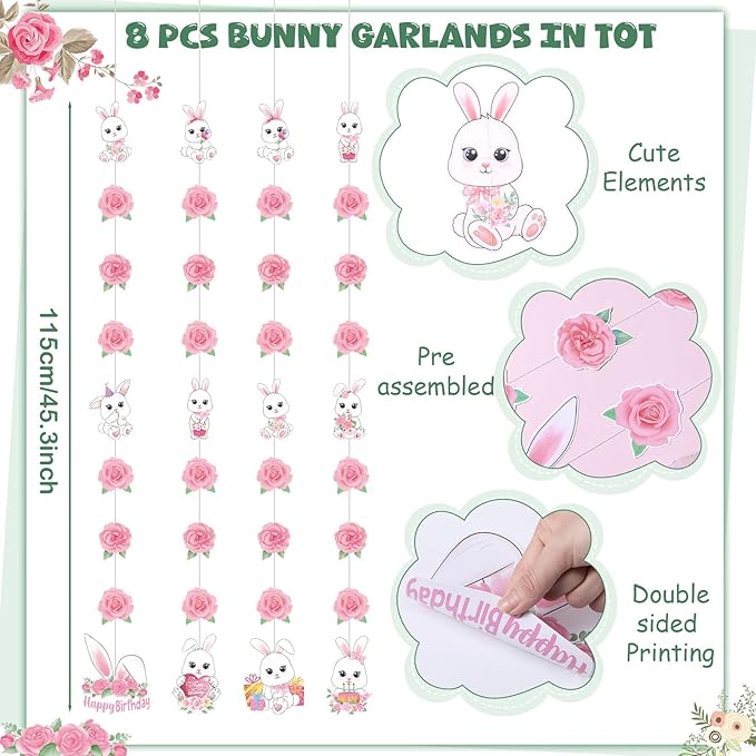 Daifunli 8 Pcs Bunny Birthday Party Decorations Some Bunny is One Birthday Hanging Garlands Banner Pink Rose White Rabbit Paper Cutouts Streamer for Girls Wall Ceiling Decor Rabbit Party Supplies