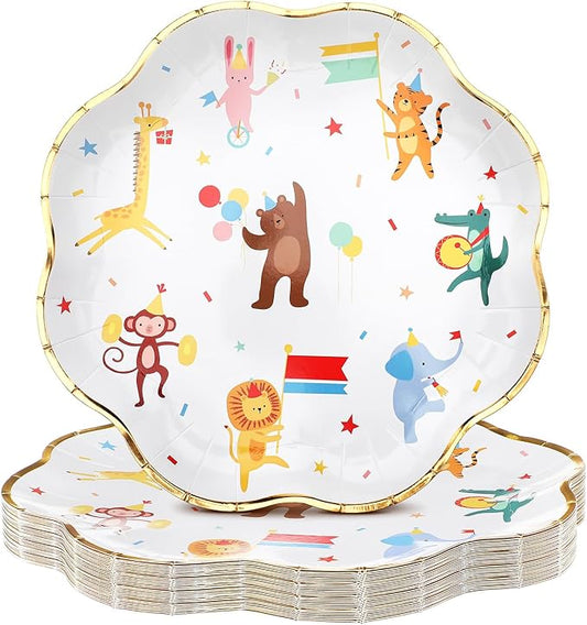 Maxdot 25 Pack Animal Parade Theme Party Plates, 9 Inch Disposable Paper Plates Scalloped with Cute Jungle Safari Animal Design, Fit for Birthday, Baby Shower, Party, Zoo Theme Celebration