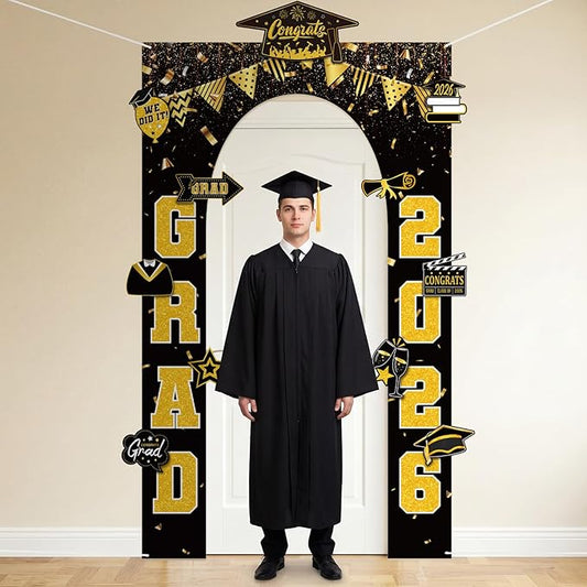 12 Pcs Graduation Decorations Class of 2026 Photo Booth Props 79" x 47" Black Gold Congrats Grad Porch Banner Backdrop with 11 Decorative Cards Graduation Party Decor for High School College