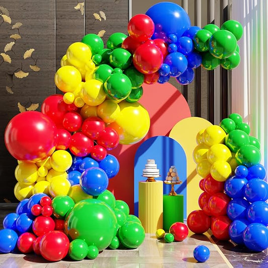 Red Yellow Blue Green Balloons Arch Kit, 131PCS Colorful Yellow Blue Red Green Balloons white Different Size for Video Game Party Rainbow Kid Birthday Party