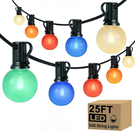 25Ft LED Christmas Outdoor String Lights, G40 Globe Night Lights with 27 0.6W Ceramic Multicolor Bulbs, Vintage Ceramic Lights for Holiday Party Backyard Wedding Garden Patio Porch Decor, Green Wire