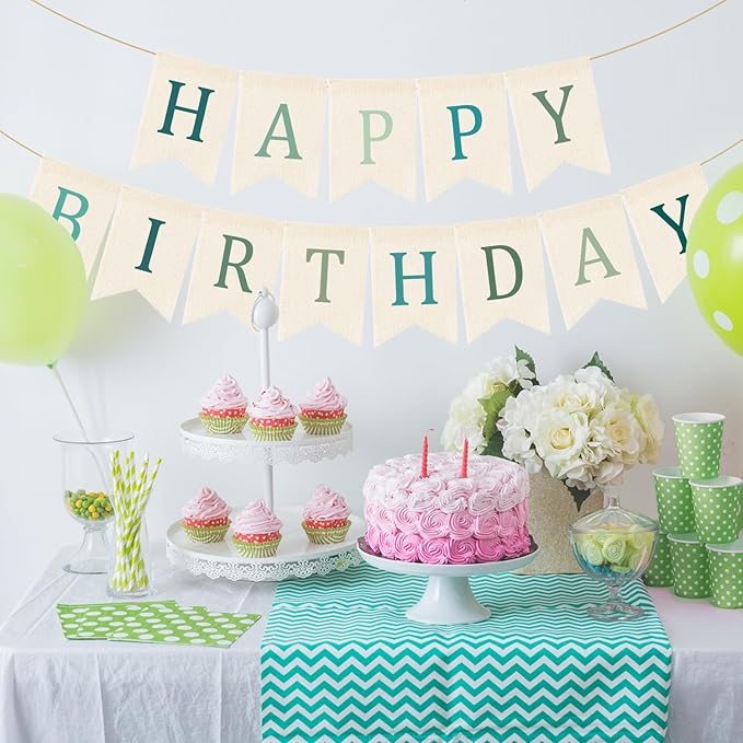 Doumeny Happy Birthday Burlap Banner Boho Birthday Banner Garland Neutral Green Bohemian Party Bunting Flag Colorful Happy Birthday Sign Hanging Garland for Home Fireplace Nursery Party Backdrop Decor