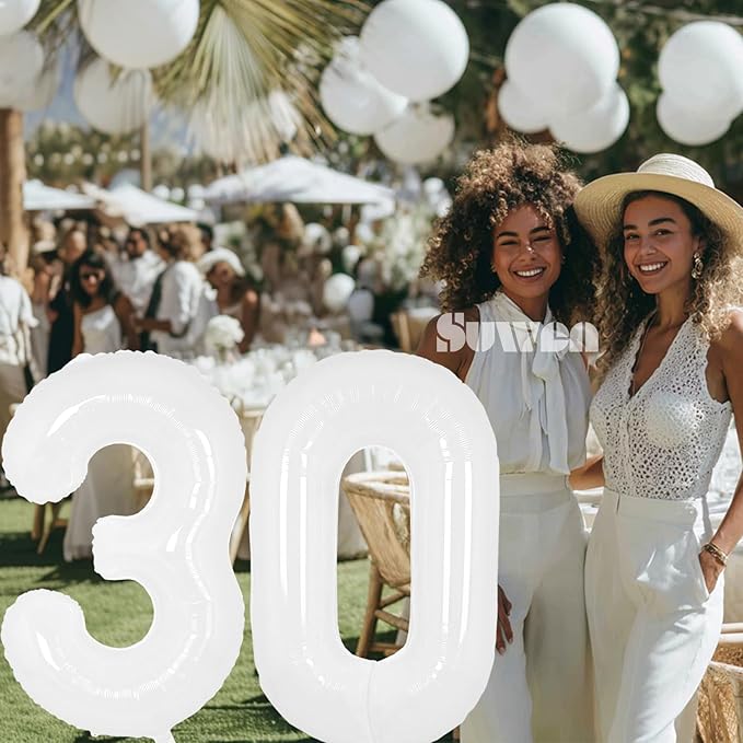 SUWEN 40 Inch White Large 30 Balloon Numbers Big Foil Helium Number Balloons 0-9 Giant Jumbo Happy 30th Birthday Party Decorations for Men or Women Huge Mylar Anniversary Party Supplies