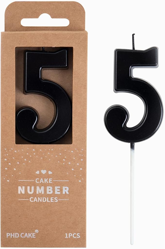 PHD CAKE 2.76 Inch Modern Black 5 Number Birthday Candles, Black Number Candles, Cake Number Candles, Party Celebration