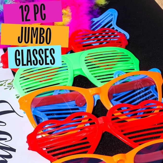 Liberty Imports 12 Pack Jumbo Sunglasses Novelty Plastic Photo Booth Glasses, Fun Disco Shutter Shades for Costumes Cosplay Props Party Supplies