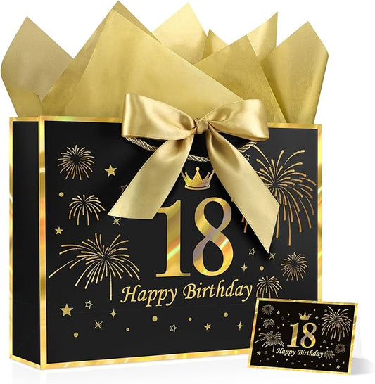 JMANNI Black Gold 18th Birthday Gift Bag with Card and Tissue Paper, 12.6"×9.84"×3.9" Elegant Present Bag for Adults, 18 Year Old Birthday Keepsake Party Supplies