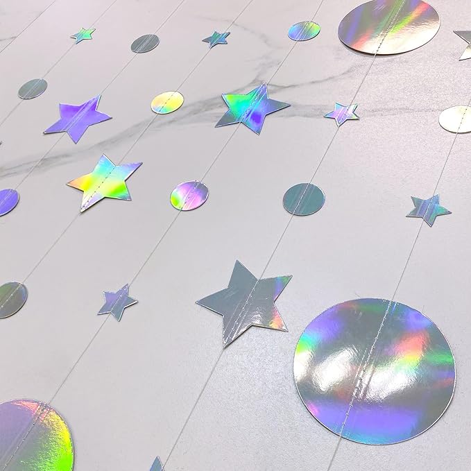 Valentine's Day Decoration Star and Circle Hanging Garland, 65 feet Party Decorations Stars Banner Streamer Backdrop for Birthday Baby Shower Starry Night Theme Party Supplies (Rainbow Silver)