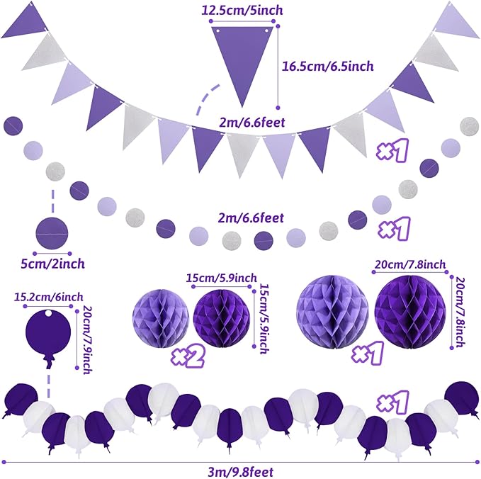Purple Party Decorations, Birthday Party Supplies Easy Assembly Paper Fan Honeycomb Ball Garland Hanging Swirl for Graduation Birthday Baby Shower Bridal Shower Wedding Party Decorations