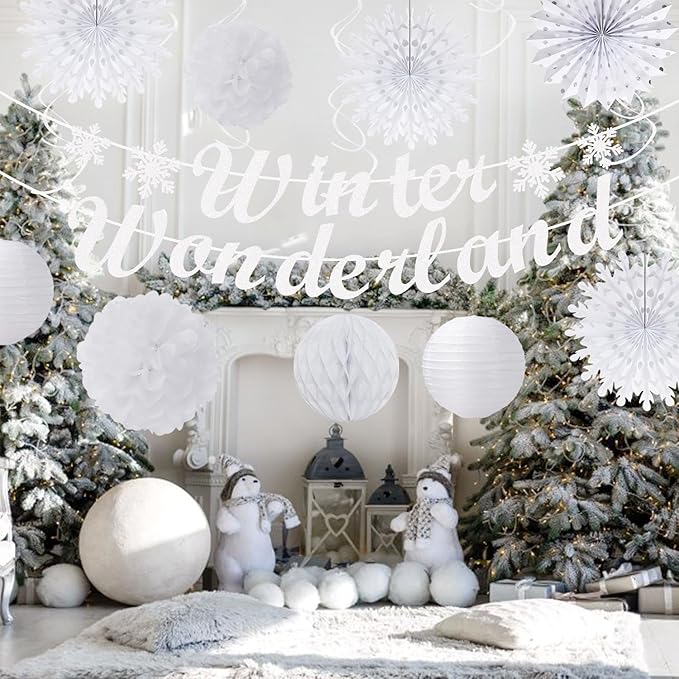 Winter-Wonderland Christmas-Snowflake White Party-Decorations - 21pcs Wedding Baby Shower Snow Banner,Paper Lanterns Honeycomb Streamers,Tissue Pom Poms Flower Fan,Classroom Hanging Decor Huglony
