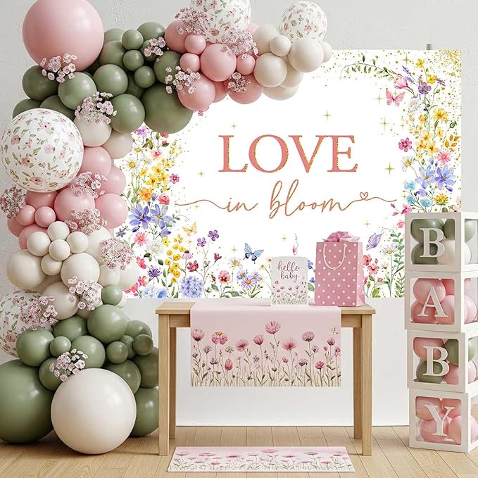 Mocsicka Love in Bloom Backdrop - Wildflower Baby Shower Backdrop, Wildflower Bridal Shower Decorations, Pink for Girls Birthday Baby Shower Party Supplies Banner (Pink, 10x7ft(120"x82"))