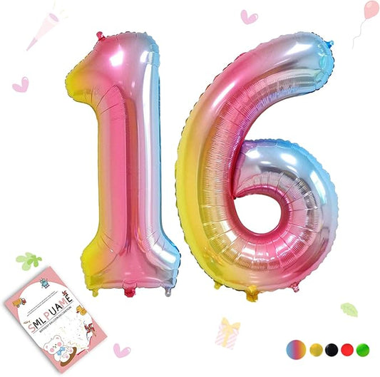 40 Inch Number Balloons 0-9 Rainbow Gradient Large Number 16 Balloons, Digital Balloons for Birthday Party Celebration Decorations, Helium Foil Number Balloons for Wedding Anniversary