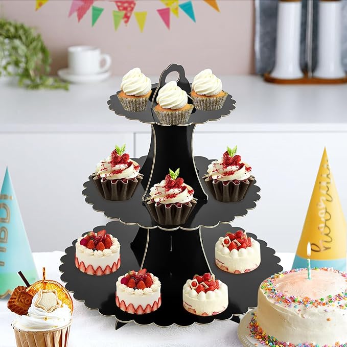 Soleebee 3-Tier Cupcake Stand, Cardboard Cupcake Tower, Dessert Cup Cake Stand Tower for Birthday Wedding Party Decoration, Cupcake Tier Stand 2 Set (Black)