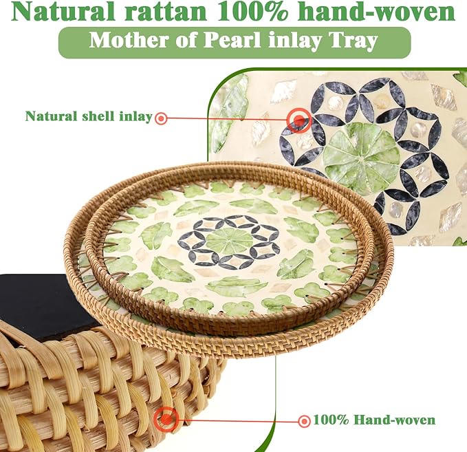 Round Rattan Tray with Mother of Pearl Inlay, Handwoven Wicker Coffee Table Serving Basket Tray for Fruit Snack Party Picnic Cafe Bedroom Kitchen Home Decor Set of 2 (Green Lucky Leaf)