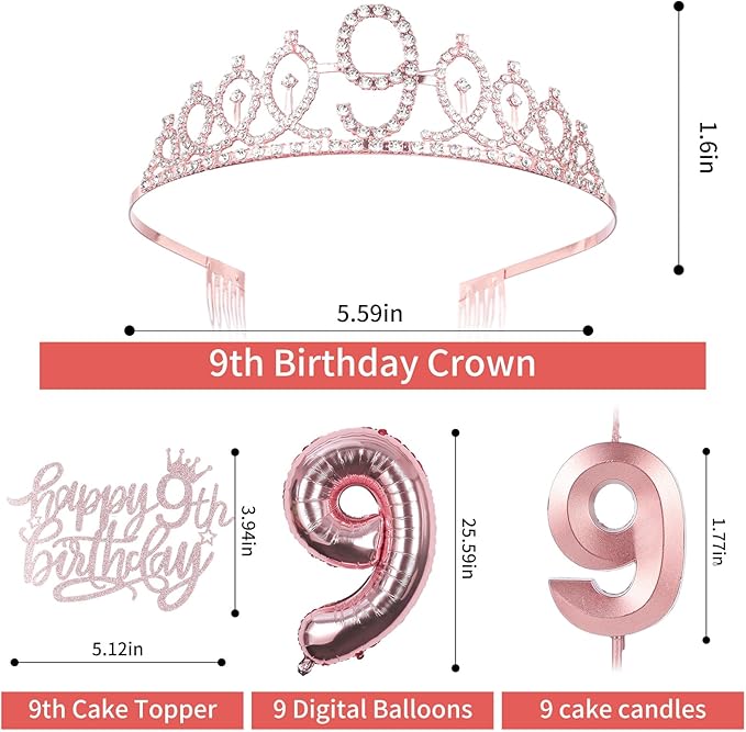 9th Birthday Decorations for Girls, Including Sash, Crown Tiara, Candles, Cake Toppers, 9rd Birthday Gifts for Girls
