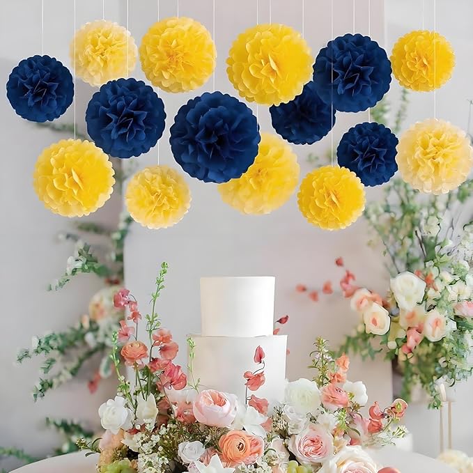 XIKSXITN 12 pc Blue Yellow Tissue Paper Pom poms-Hanging Paper Pom Poms Paper Flowers Ball for Party Decorative(8&10&12 inch)