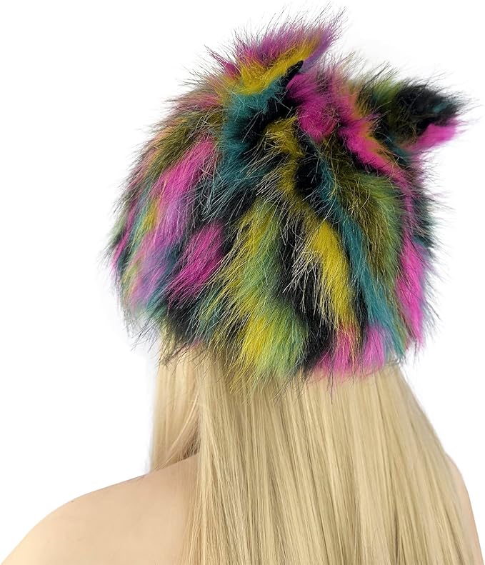 PURFUN Colorful Faux Fur Earflap Hats with Cat Ear, Adults Cosplay Halloween Animal Theme Wolf Cat Hooded Hat Costume Caps