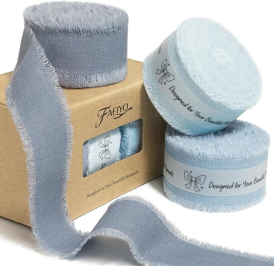 Blue Cotton Ribbon 1 Inch Dusty Blue, Baby Blue & Ice Blue 3 Rolls 21 Yards Frayed Edge Fabric Set for Baby Shower, Nursery Decor, Wedding Invitations, Gift Wrapping & DIY Crafts