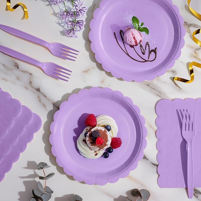 105PCS Paper Plates and Napkins Set, 7 Inch Scalloped Disposable Tableware with Forks for Birthdays, Garden Parties & Outdoor Events, Serves 35 (Light Purple)