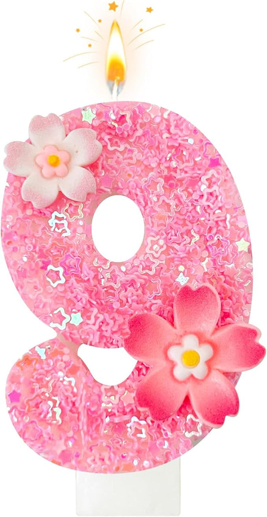 Pink Flower Birthday Candle,Number Birthday Candles for Cake, Ideal Birthday Parties Cake Decor, Wedding Anniversary and Other Celebrations (Number 9, Pink)