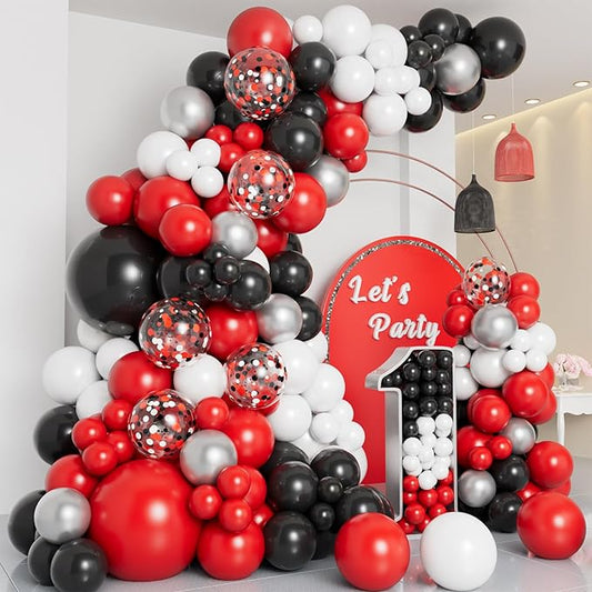 DBKL Red Black and White Balloon Garland Arch Kit with Different Size Red Black White Silver Confetti Balloons for Shower Birthday New Year Graduation Wedding Racing Car Poker Party Decorations