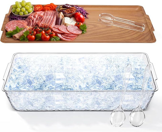Baderke 1 Set 16" x 9" Chilled Serving Tray for Parties with Compartments Ice Chilled Party Crudite Platter Charcuterie Serving Board Cold Dish Dip Tableware for Seafood Vegetable (Light Wood)