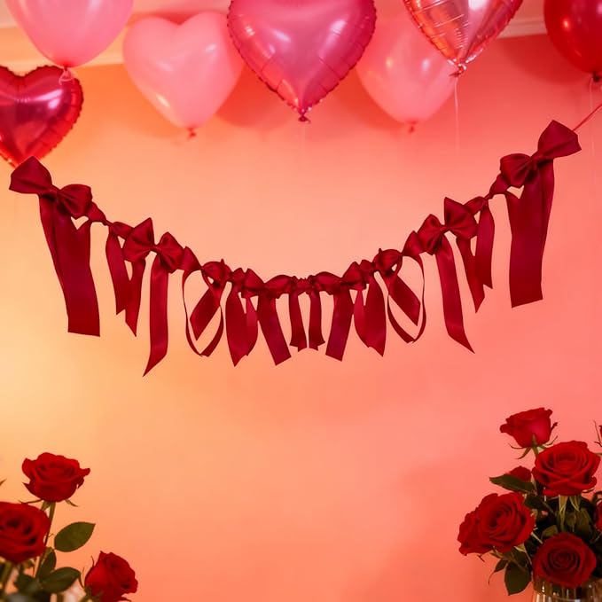 Meseey Red Satin Bow Garland Banner Coquette Bachelorette Party Decor,Bridal Shower Backdrop,Wedding & Engagement Party Supplies,Birthday Decoration,Photo Booth Props(Red)