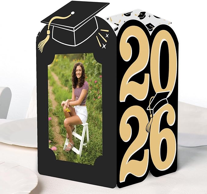 Big Dot of Happiness Black & Gold 2026 Graduation Photo Holder Centerpieces, 4x6 Picture Display Box, Table Decoration Centerpiece for Grad Party Decor, 8 Count