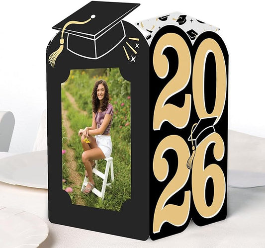 Big Dot of Happiness Black & Gold 2026 Graduation Photo Holder Centerpieces, 4x6 Picture Display Box, Table Decoration Centerpiece for Grad Party Decor, 8 Count