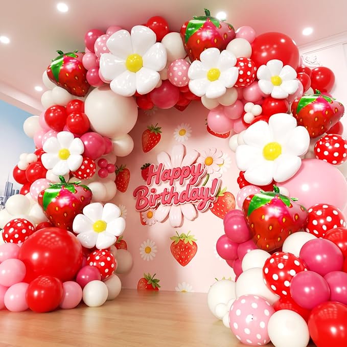 Strawberry Balloon Arch Kit 188Pcs with Strawberry Daisy Foil Balloons, Red Pink White Balloons for Sweet One Berry First Birthday Wedding Baby Shower Gender Reveal Girls Princess Party Decor