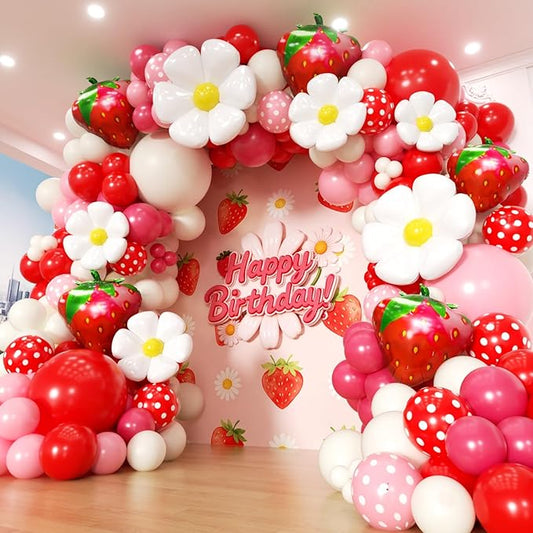 Strawberry Balloon Arch Kit 188Pcs with Strawberry Daisy Foil Balloons, Red Pink White Balloons for Sweet One Berry First Birthday Wedding Baby Shower Gender Reveal Girls Princess Party Decor