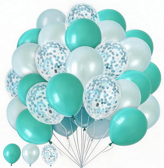 60Pcs Teal Blue Balloons, 12inch Teal and Light Blue Balloons Turquoise Blue Confetti Latex Balloons for Wedding Bridal Shower Birthday Graduation Party Decorations